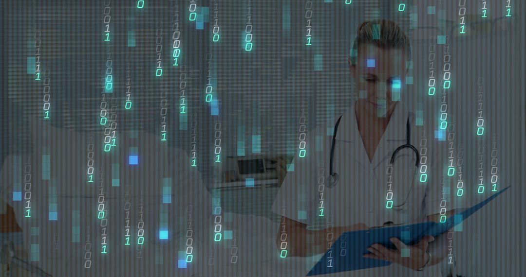 Nurse Reviewing Medical Charts with Digital Binary Overlay