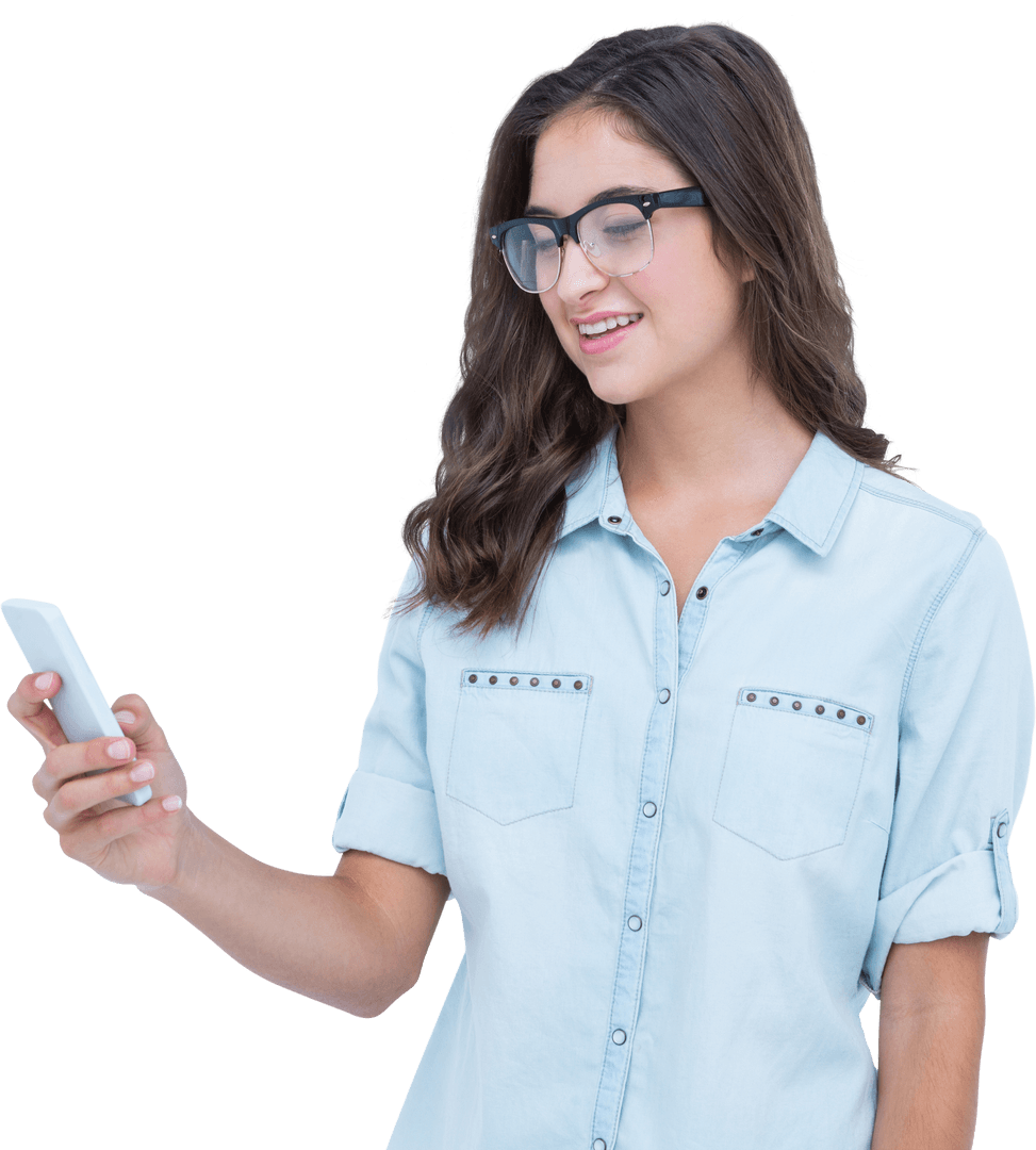 Transparent Smiling Young Woman Using Smartphone in Glasses