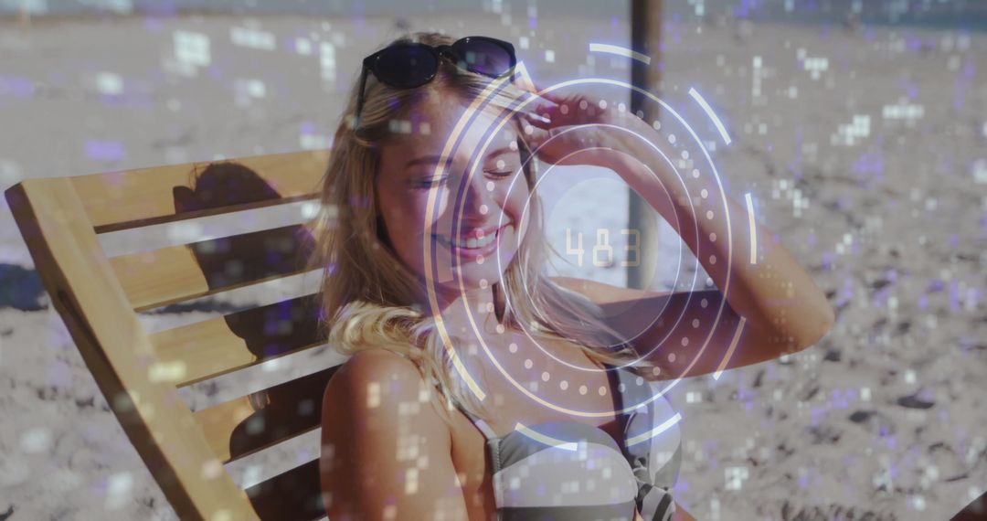 Woman Relaxing on Beach Lounger with Digital Interface Overlay