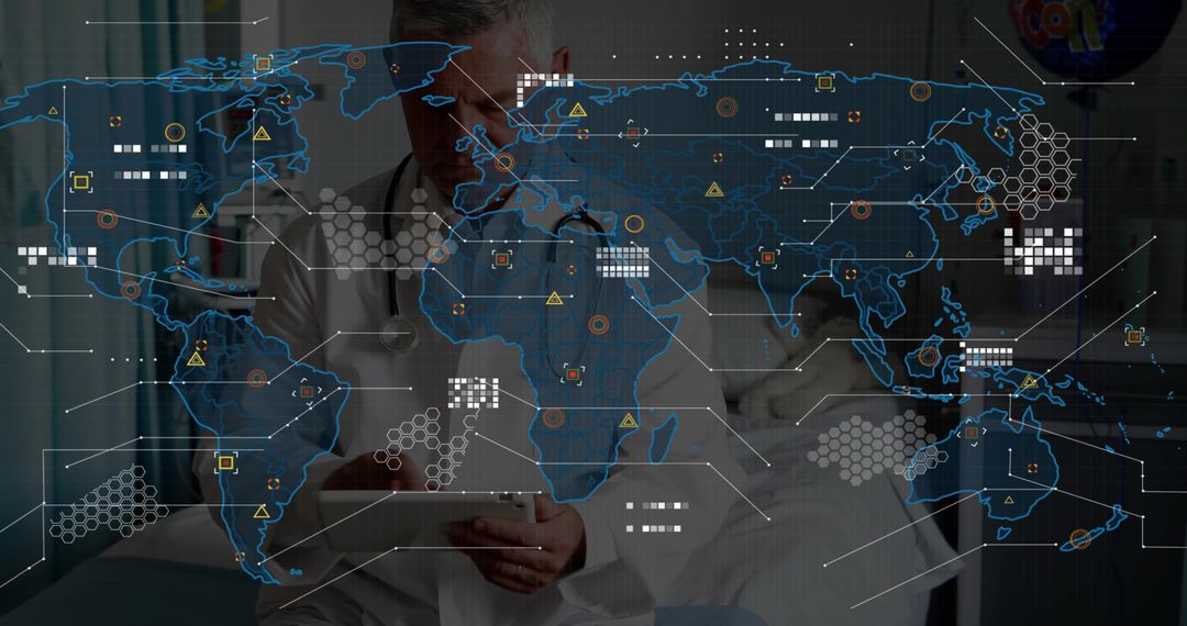 Doctor Analyzing Global Medical Data on Tablet with Digital Interface