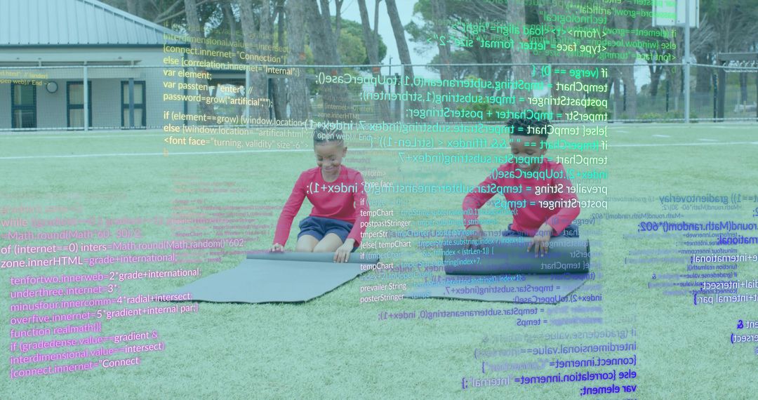 Boys Unrolling Mats on Field with Digital Interface Overlay