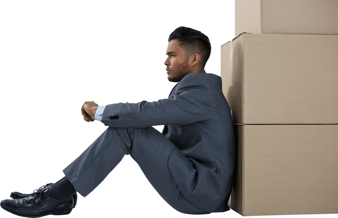 Thoughtful Man in Suit Leaning on Carton Stack Transparent