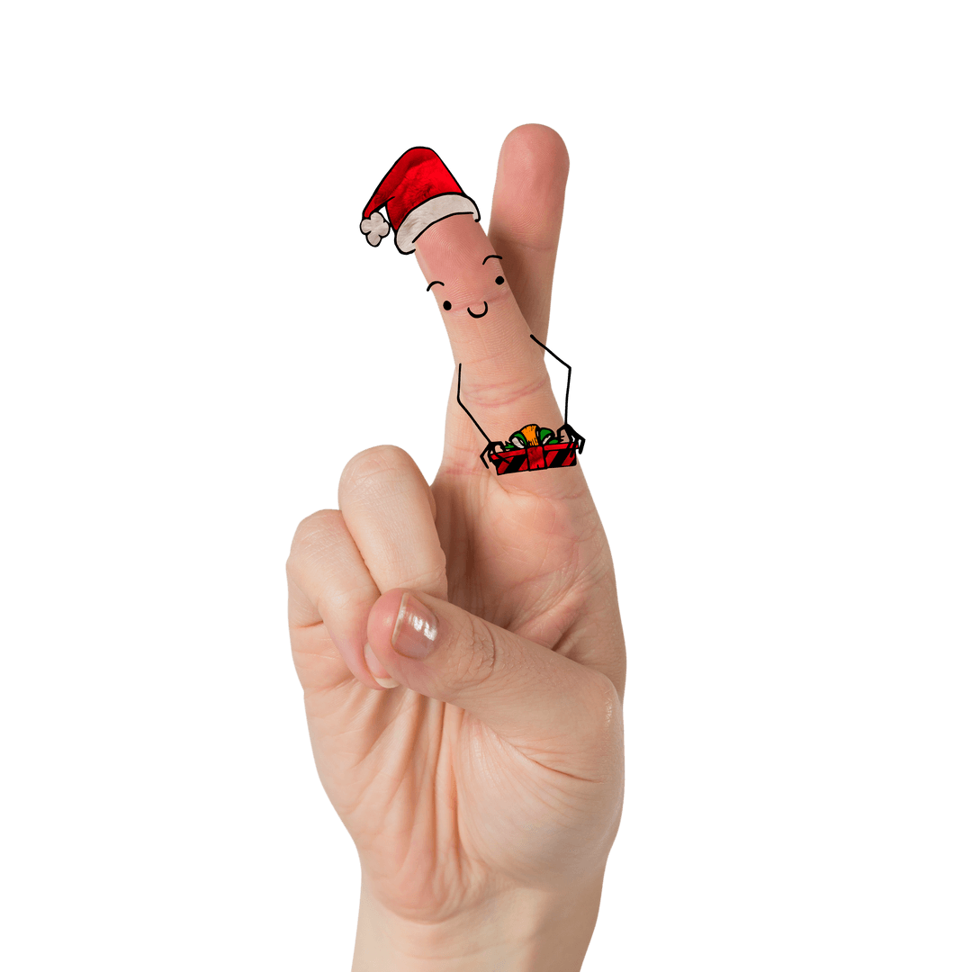 Transparent Hand with Festive Christmas Fingertips and Hat Graphics