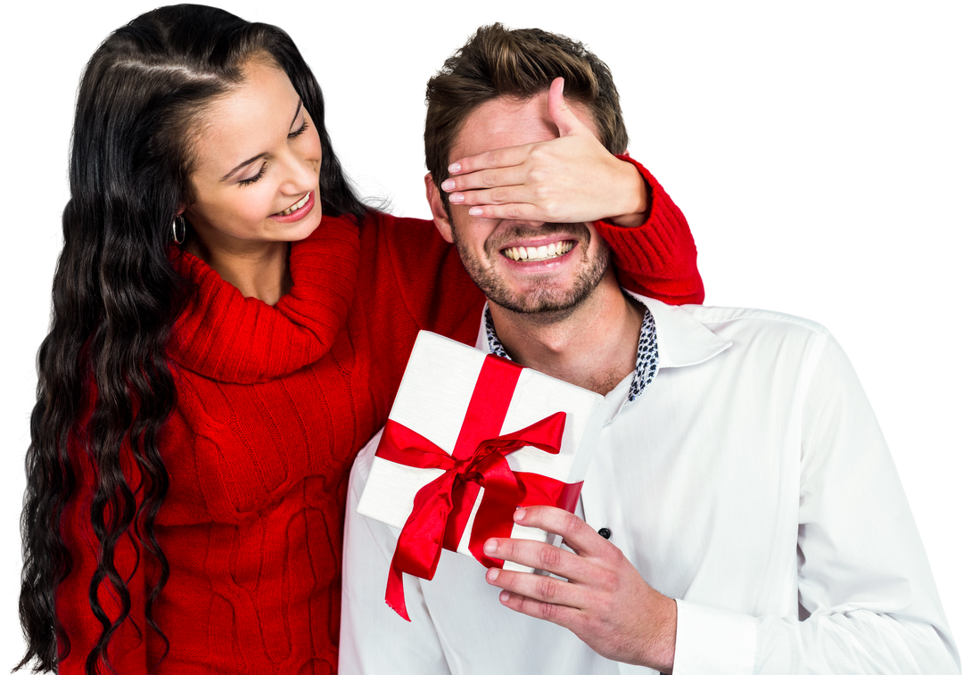 Woman Playfully Covering Partner's Eyes Holding Gift in Transparent Background - Download Free Stock Images Pikwizard.com