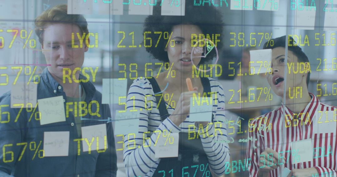 Diverse Professionals Analyzing Financial Data on Transparent Screen