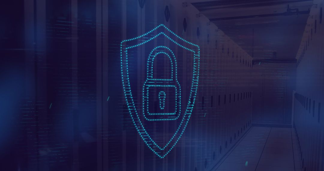 Cybersecurity in Server Room with Digital Padlock Icon