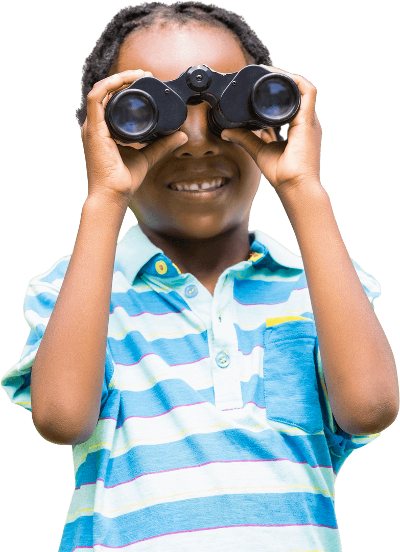 Happy Child with Binoculars Exploring on Transparent Background