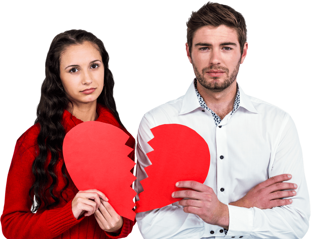 Couple Holding Torn Heart Shapes on Transparent Background