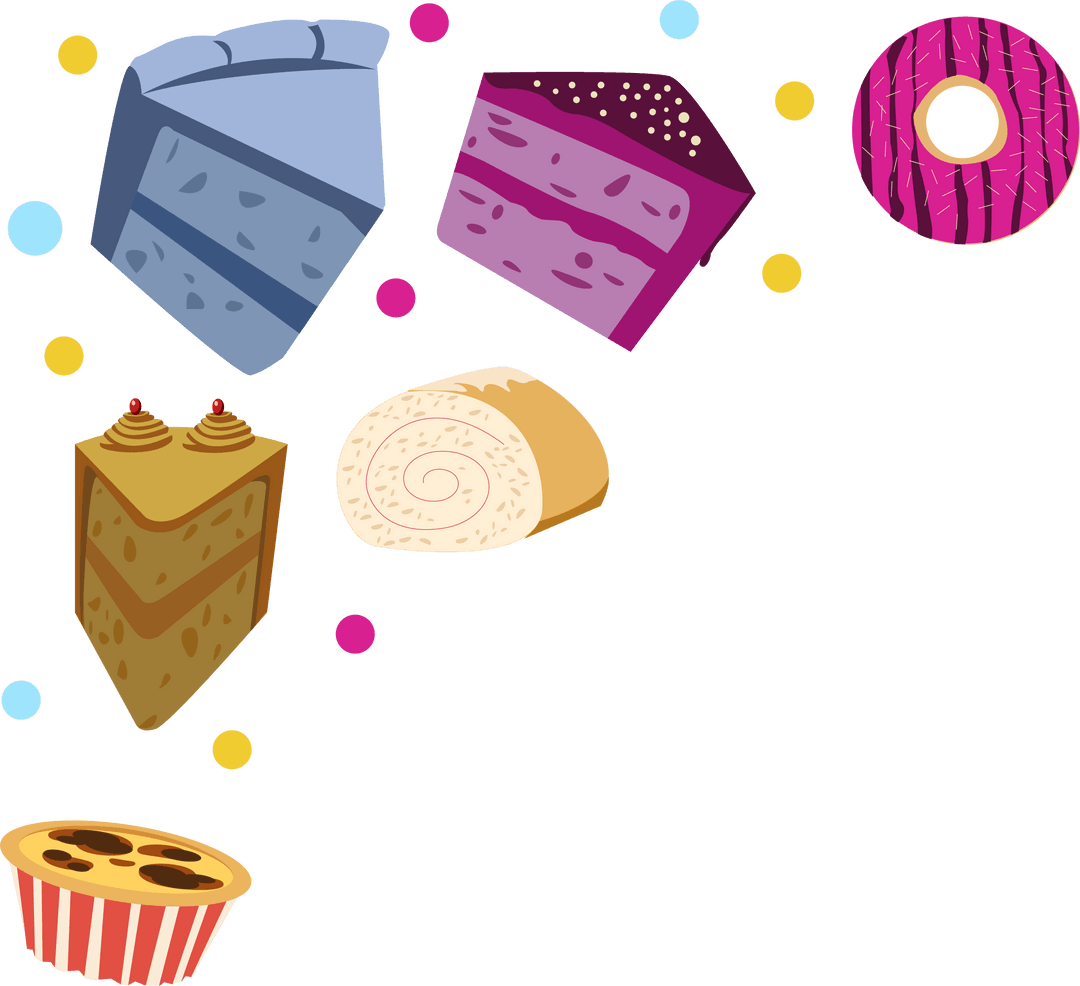 Colorful Cake and Pastry Illustrations on Transparent Background