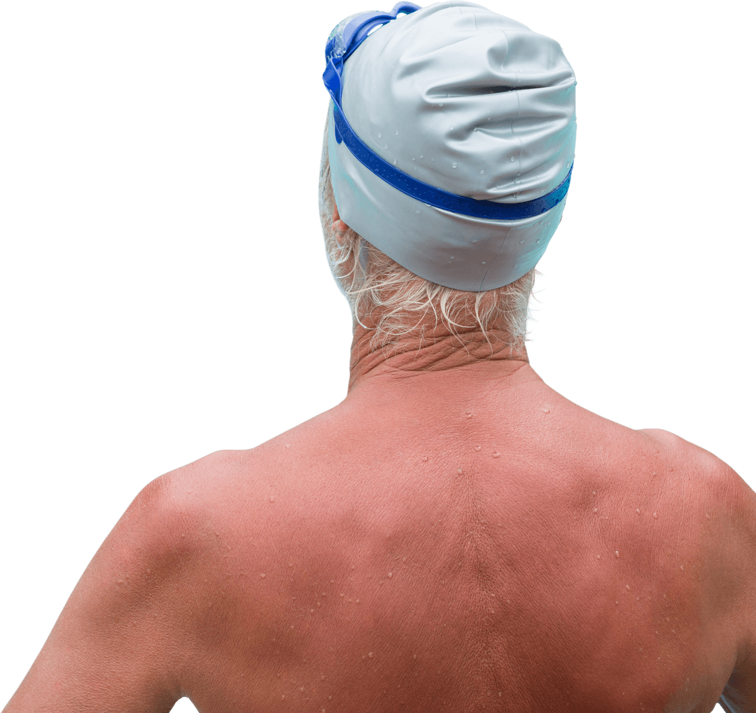 Transparent Rear View of Senior Swimmer with Swim Cap