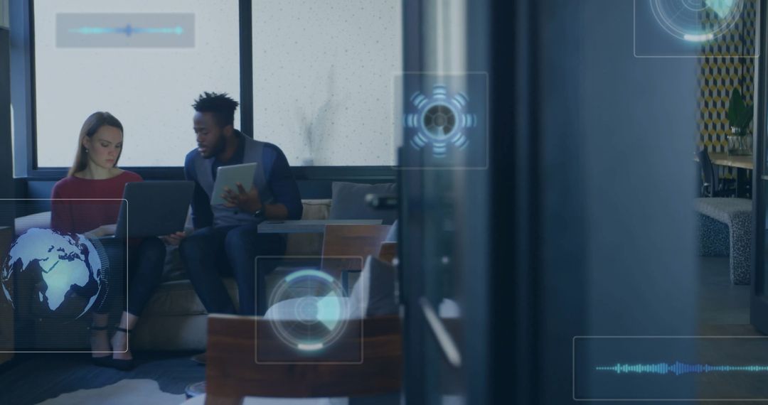 Professionals Collaborating with Technology in Modern Lounge