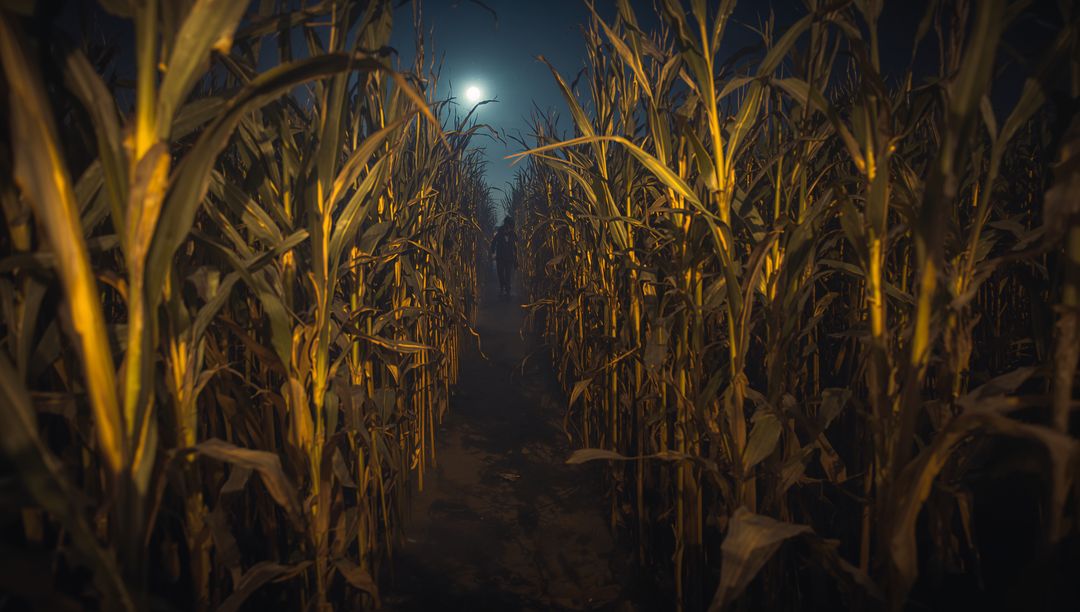 Mystery and Solitude in Cornfield Under Full Moon