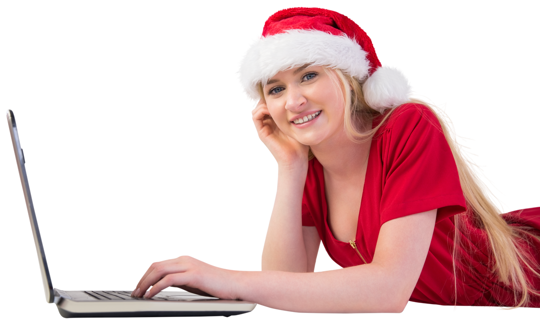 Transparent Festive Woman in Santa Hat Using Laptop, Online Christmas Shopping - Download Free Stock Images Pikwizard.com