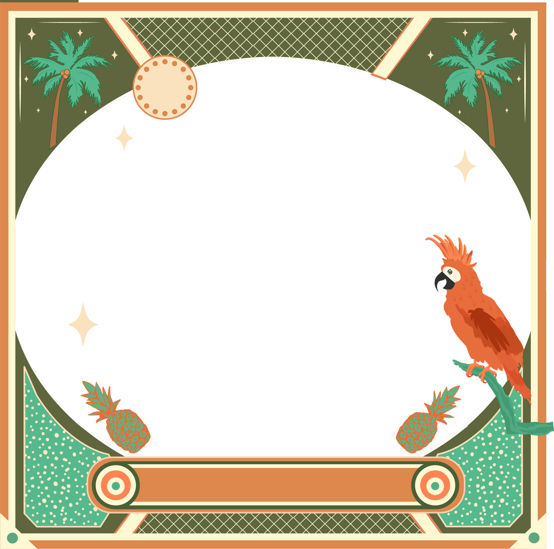 Tropical Parrot Frame with Palms and Pineapples on Transparent Background