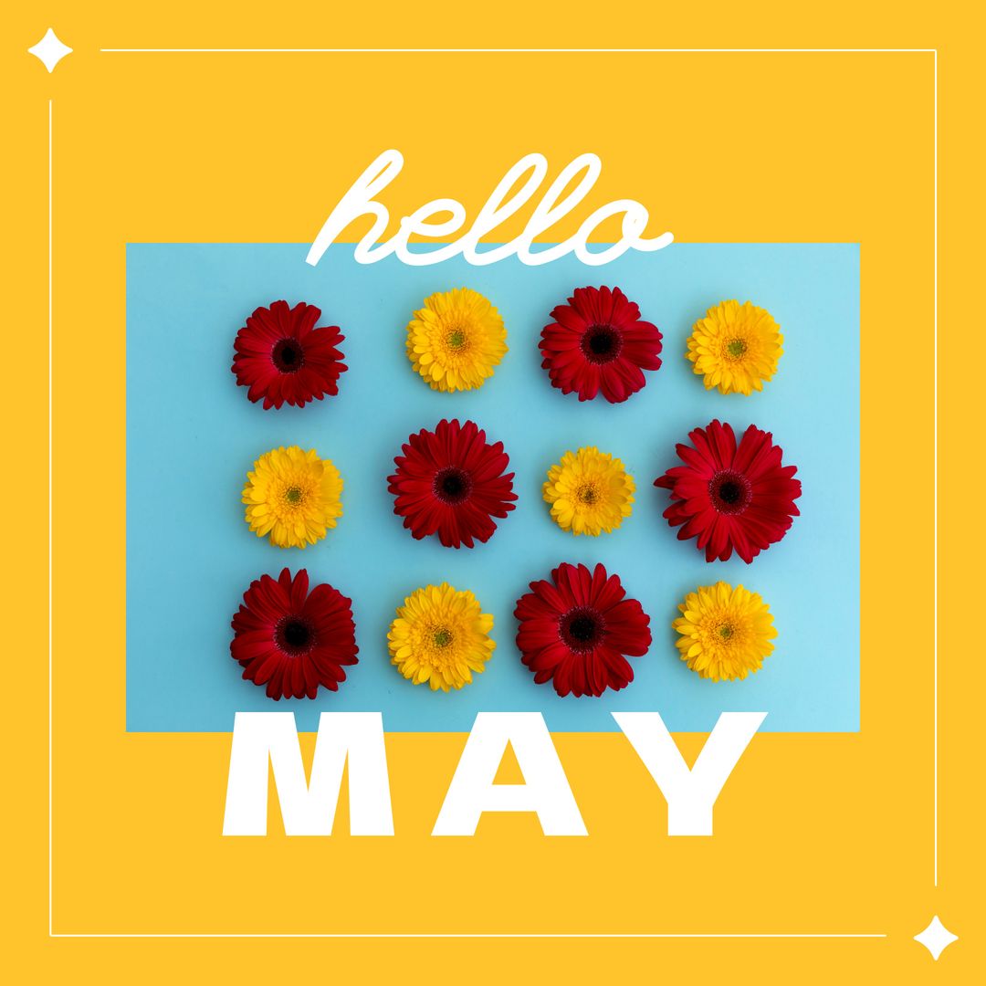 Bright Floral Pattern with 'Hello May' Text on Yellow Background