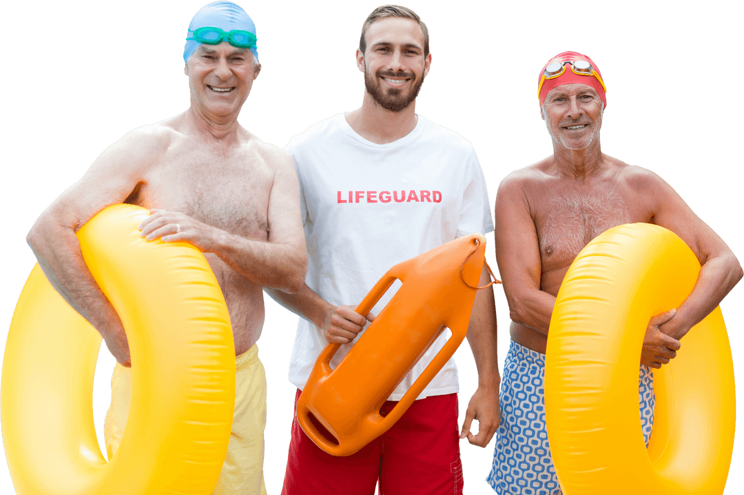 Transparent Lifeguard with Senior Swimmers Holding Floats by Pool
