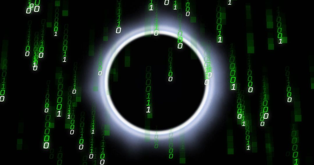 Glowing Luminous Ring in Digital Space with Green Binary Digits
