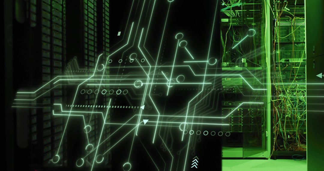 Neon Green Circuit Design Overlay in Server Room