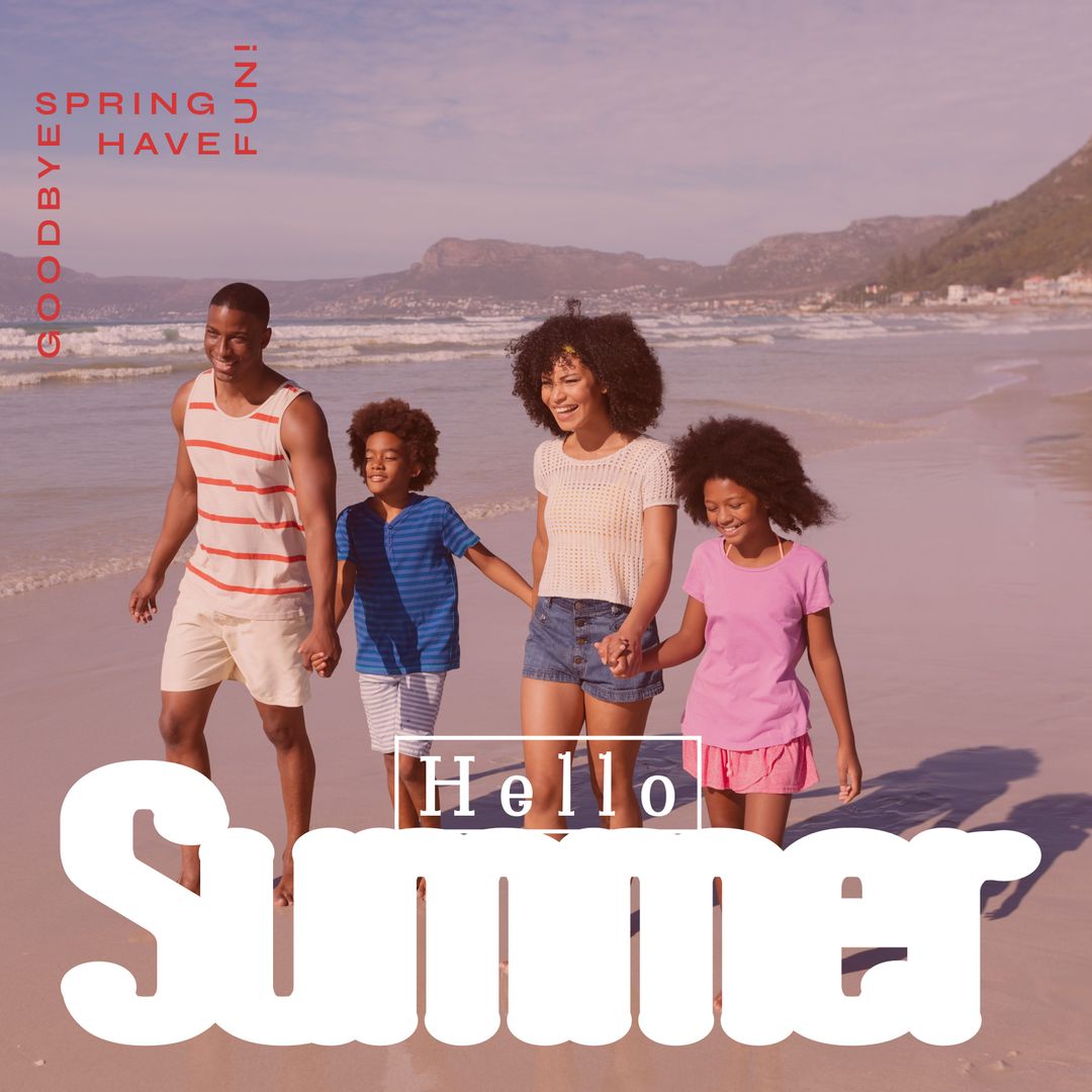 Family Enjoying Summer Beach Walk with Enthusiastic Text Overlay