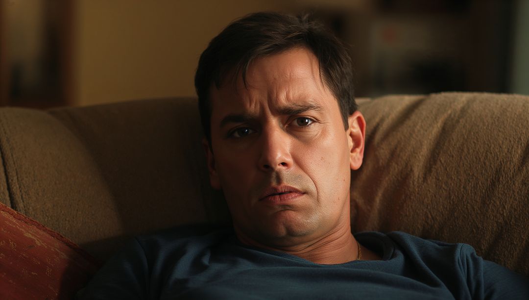 Man Relaxing on Sofa Contemplating Life Choices