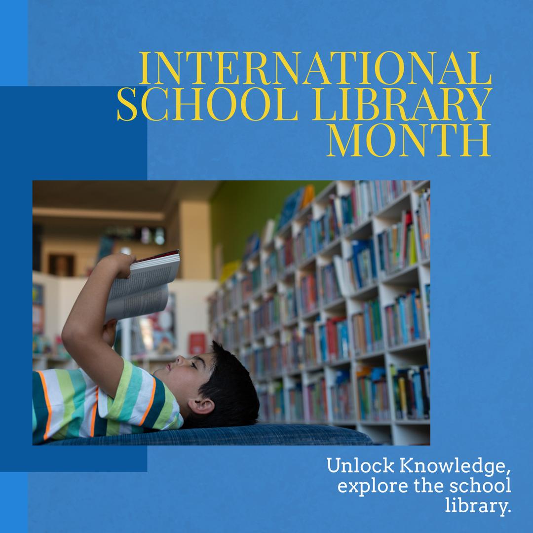 International school library month text and caucasian boy reading book ...