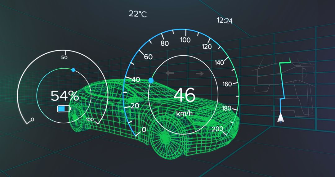 Futuristic Wireframe Car Grid with Digital Dashboard Interface