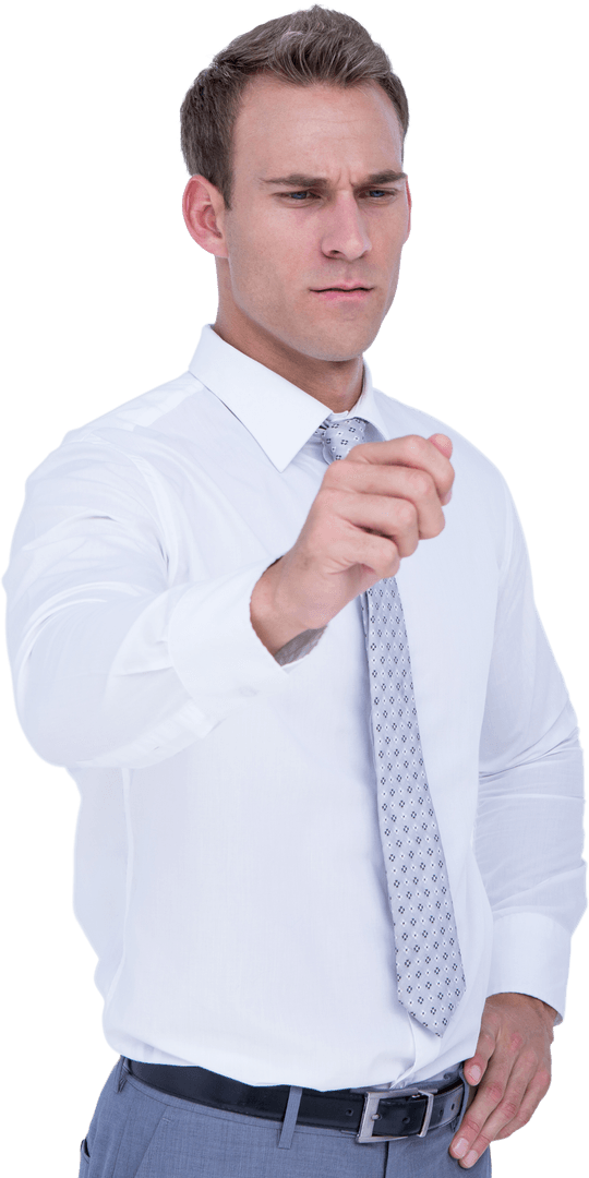 Transparent Caucasian Businessman in Gesture for Virtual Interface Use