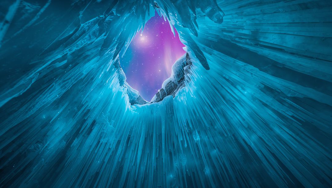 Stunning Ice Cavern with Nebula Through Circular Portal