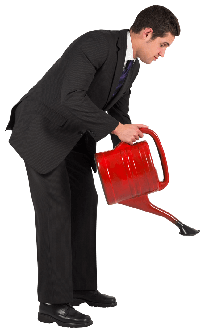 Businessman in Suit Watering with Red Can on Transparent Background