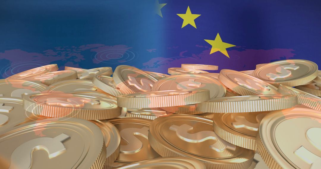 Stack of Shining Dollar Coins with EU Stars and World Map
