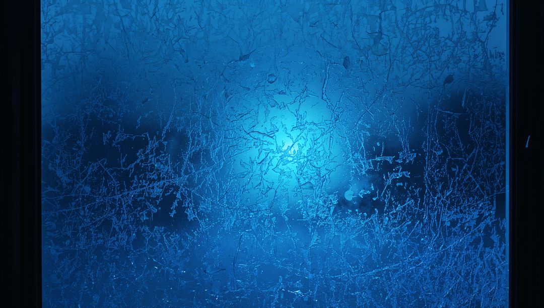 Backlit Frosted Window With Intricate Ice Crystals Glowing Blue-Cyan Ambient Light