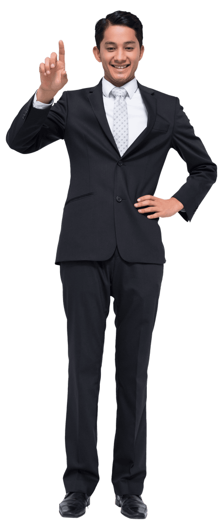 Businessman in Black Suit Pointing Gesture on Transparent Background