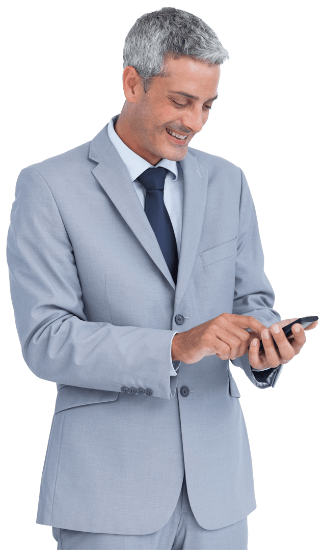 Transparent Businessman in Gray Suit Texting on Smartphone