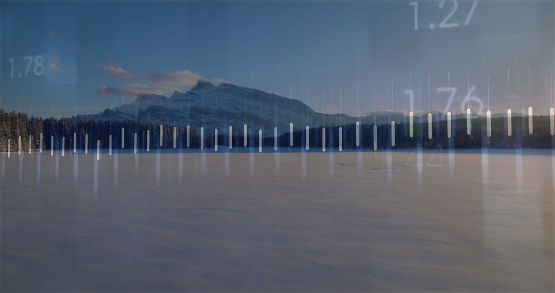 Snowy Mountain Peaks with Data Visualization Overlay at Sunset