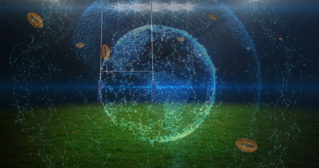 Rugby Balls with Romania Print Falling Over Digital Globe in Stadium