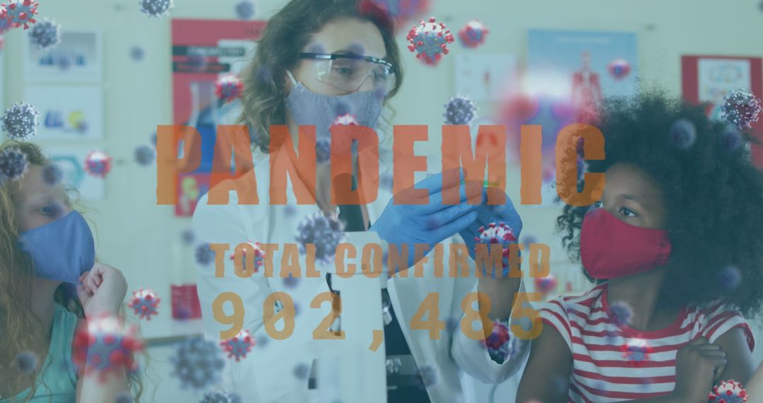 Teacher and Students in Laboratory with Pandemic Data Overlay