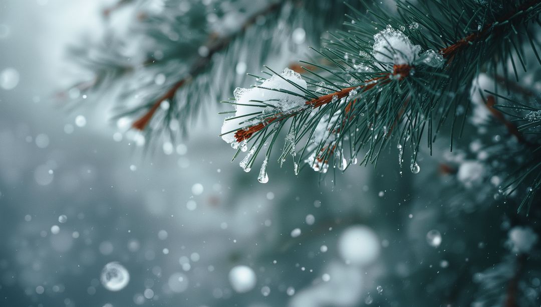 Winter Pine Branch with Snow and Ice Droplets