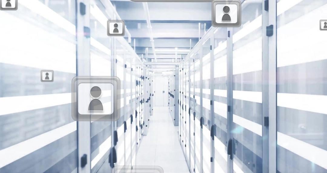 Network of Data Icons in Modern Server Room for Global Connectivity