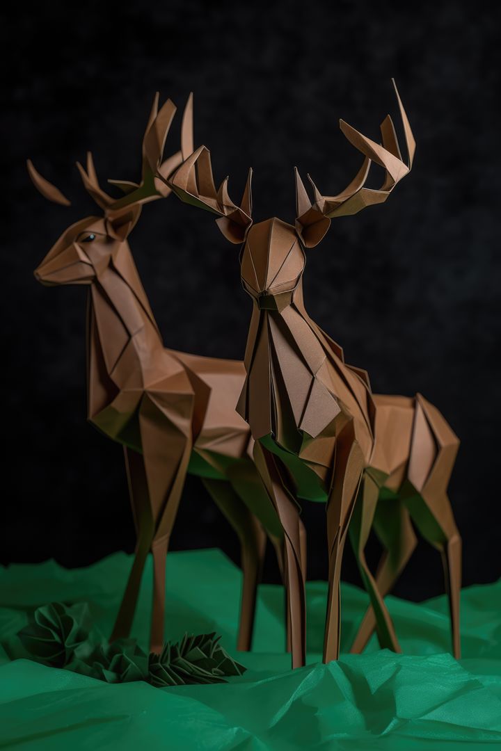 Close up of brown origami figures of two deer, created using generative ai technology - Free Images, Stock Photos and Pictures on Pikwizard.com