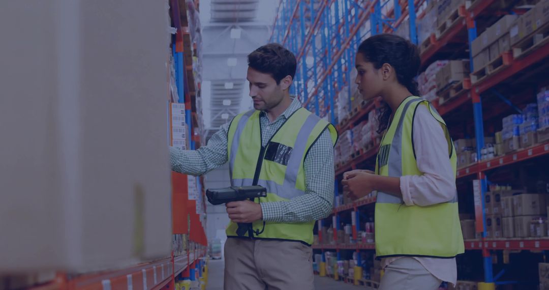 Warehouse Team Conducting Inventory Audit with Handheld Scanner and High-Visibility Vests