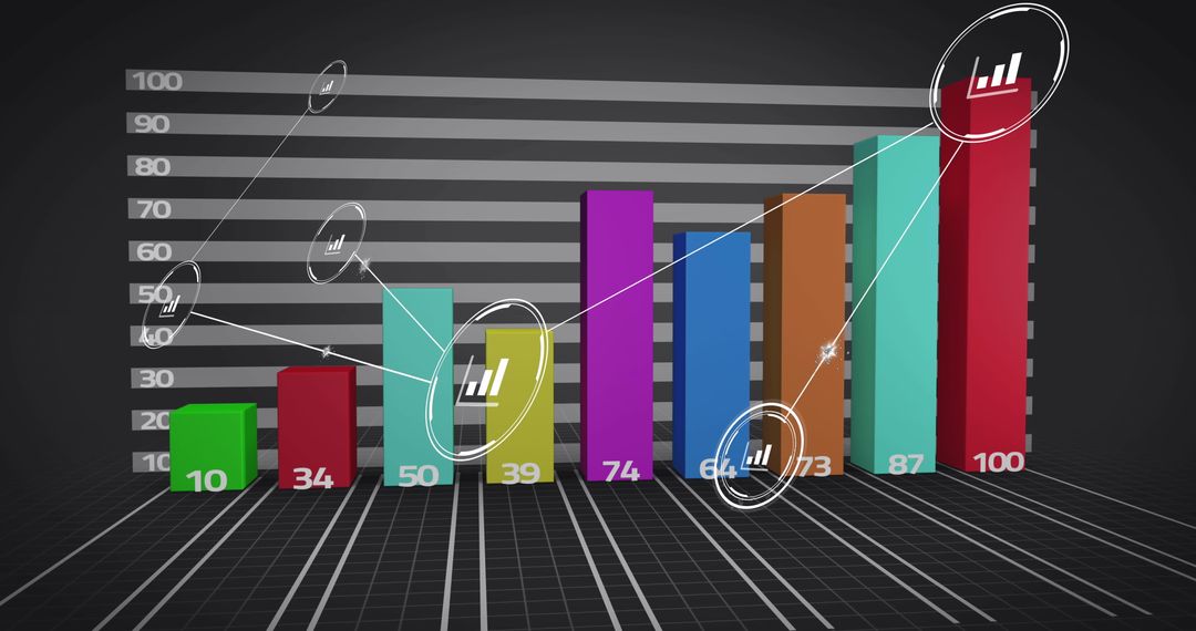 3D Illustrated Bar Graph with Data Analysis Icons and Connections