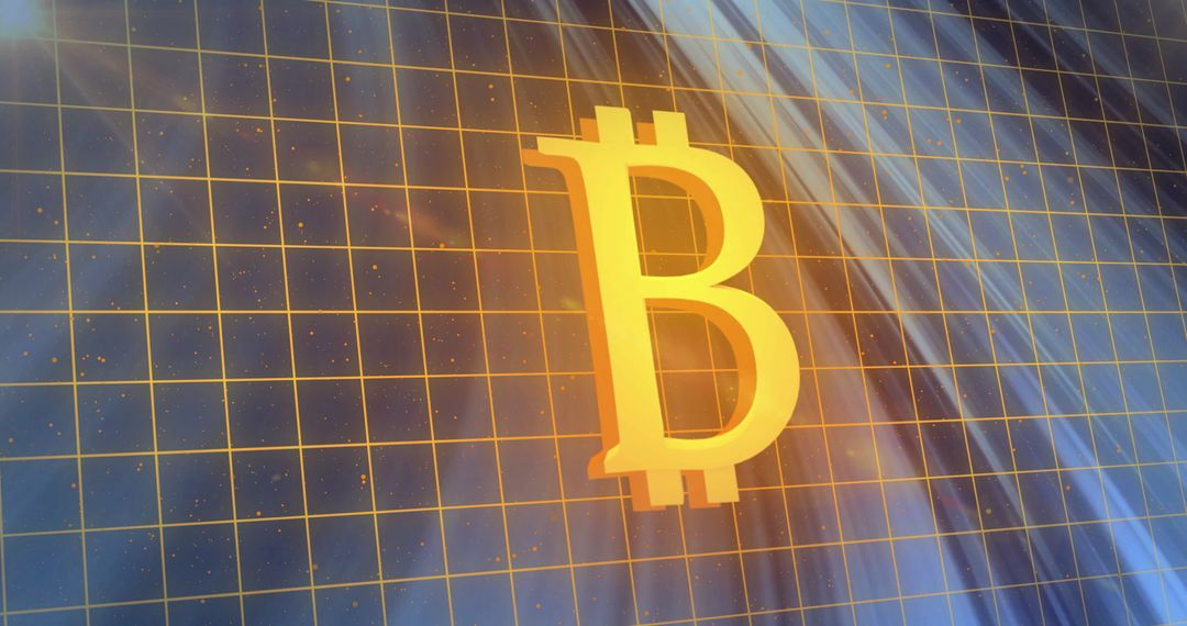 Bitcoin Symbol with Light Trails on Digital Grid Background