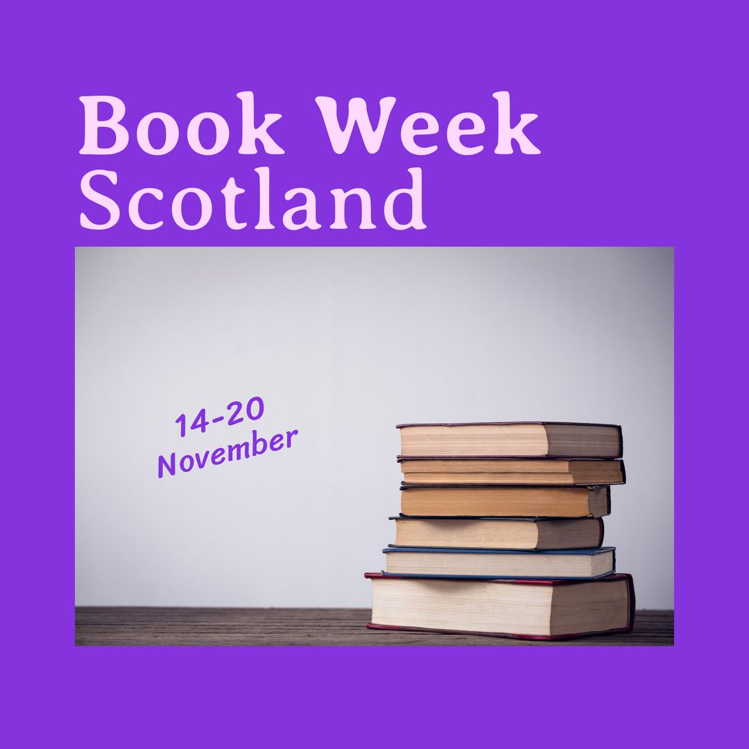 Book Week Scotland Announcement with Stack of Books