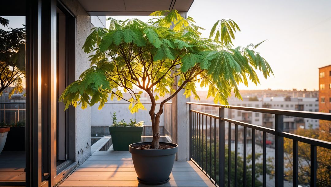 Potted Tree Illuminated by Sunset on Modern Apartment Balcony