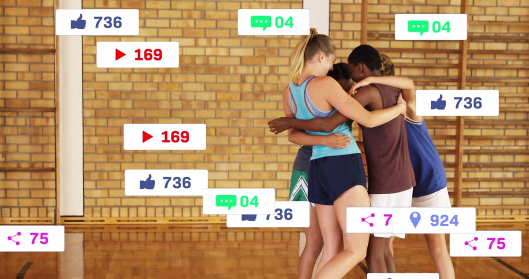 Diverse Team Huddle With Social Media Engagement in Gym