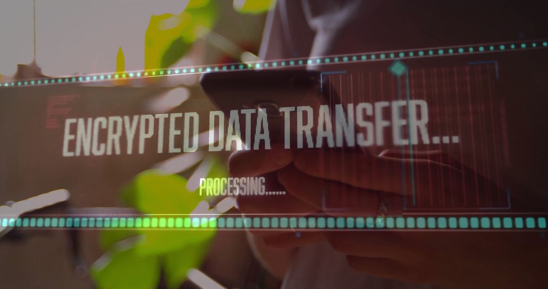Woman Using Smartphone with Encrypted Data Transfer Overlay