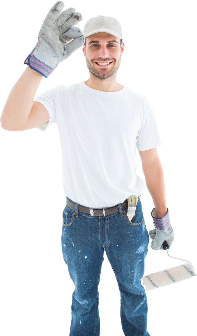 Happy Painter Waving While Holding Paint Roller on Transparent Background - Download Free Stock Images Pikwizard.com