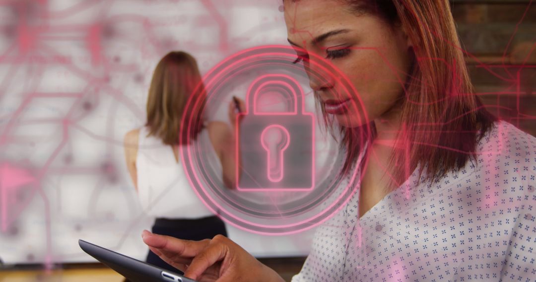 Woman Using Tablet with Futuristic Security Overlay