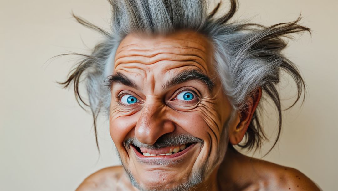 Senior man with playful expression and tousled crazy hair