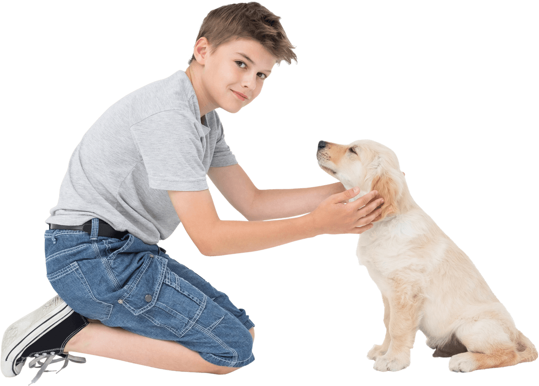 Caucasian Boy Bonding with Puppy on Transparent Background